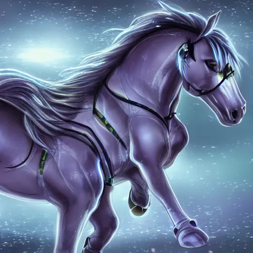 Image similar to cybernetic neo - equine mind transfer : horse - like creatures running impossibly fast through the night, reveling in their machine - aided grace and supremacy over any natural creature, furaffinity