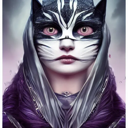 Image similar to actionism, soft painting curiosities carnival, beautiful cat woman in full nightshade armor, symmetry accurate features, focus, very intricate ultrafine details, black white purple volumetric clouds, award winning masterpiece, octane render 8 k hd, tom bagshaw artstyle