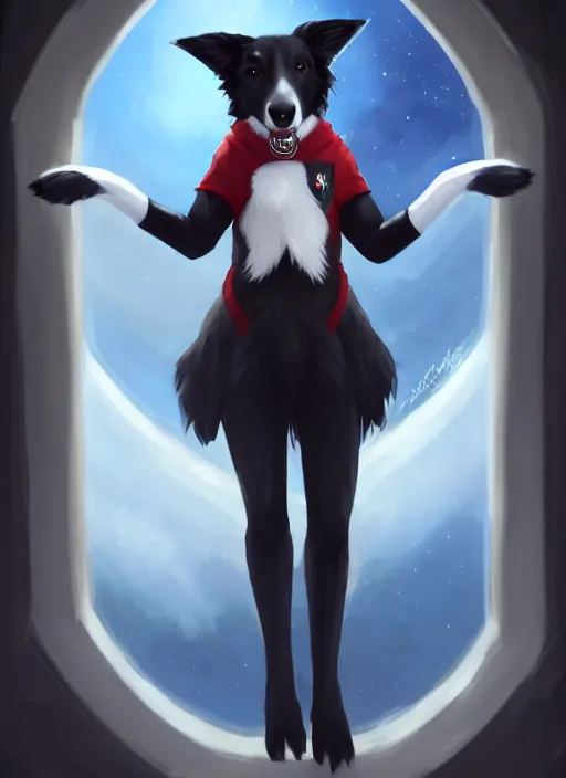 Prompt: wide angle beautiful full body portrait of a cute male anthropomorphic border collie fursona wearing a starfleet uniform on a starsheep and posing in front of a window, character design by charlie bowater, henry asencio, and ross tran, furry art, furaffinity, scenic background, beautiful, glamor pose, detailed, trending on artstation