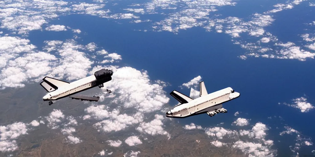 Prompt: “a photo of a NASA space shuttle flying in space with the earth visible in the background”