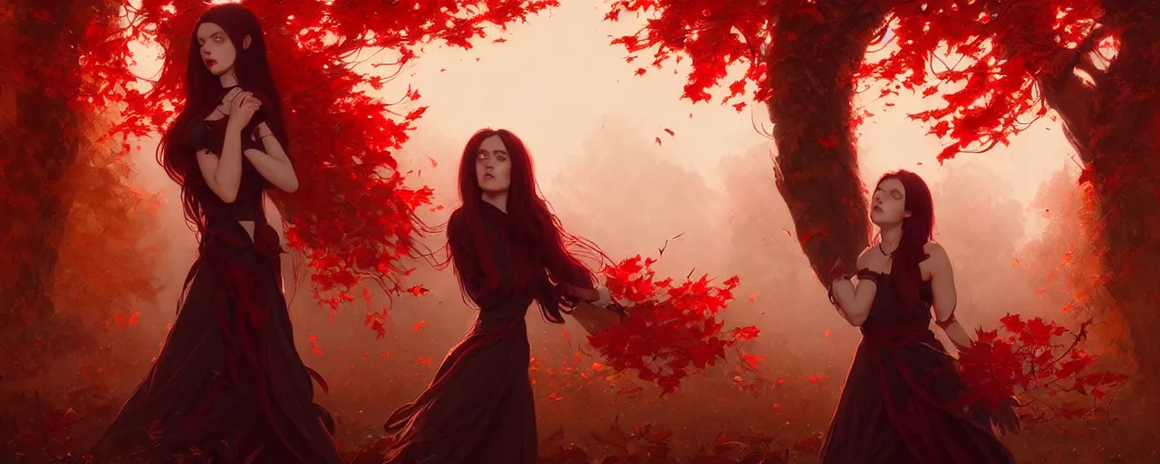 Prompt: girl with with hair becoming autumn red leaves trees, vampires with bloody fangs, intricate, dreamy, digital painting, artstation, concept arti, unreal engine 5, 8 k, art by artgerm and greg rutkowski and alphonse mucha