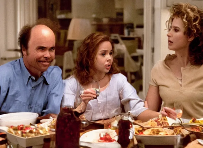 Image similar to film still of Clint Howard and Isla Fischer having dinner in the new You've Got Mail movie, 4k