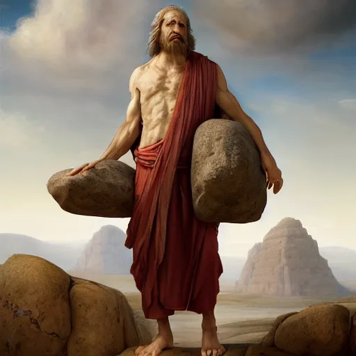 Prompt: breathtaking soft painting of moses carrying the stone of the 1 0 commandments, moses on the hill, symmetrical faces, detailed faces, art concept, artstation, realistic symmetrical face features, rembrandt style, elegant, highly detailed, artstation, concept art, matte, sharp focus, art by tom bagshaw, and greg rutkowski