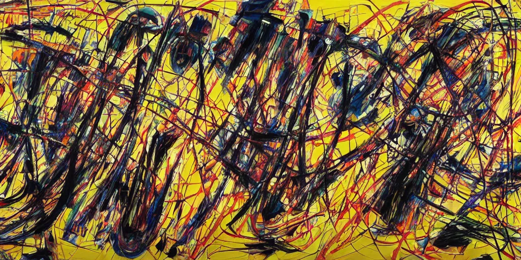 Image similar to an ultra detailed oil painting where the strings section of a symphony is interpreted by applied paint strokes, hyper - detailed, structured, grid, sheet music, pops of triadic colors, jackson pollock, pierre soulages