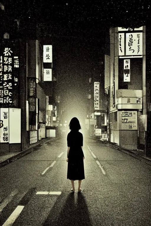 Image similar to a woman standing in the middle of a tokyo street at night, in the style of the dutch masters and Gregory Crewdson