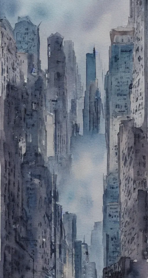 Image similar to looking upon a dying city, watercolor,