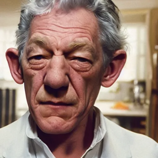 Image similar to film still of ian mckellen covered in baked beans