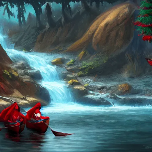 Image similar to a river of blood falls from the top of the fatal mountain, the elves sail along it in canoes, vivid color, highly detailed, mistic, digital painting, artstation, concept art, matte, sharp focus