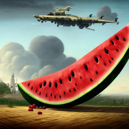 Prompt: Very very very very highly detailed Watermelon as military vehicle with epic weapons, launching rockets on a battlefield in russian city as background. a lot More Military vehicle less watermelon . Concept digital 3D art in style of Caspar David Friedrich, super rendered in Octane Render, epic RTX dimensional dramatic light