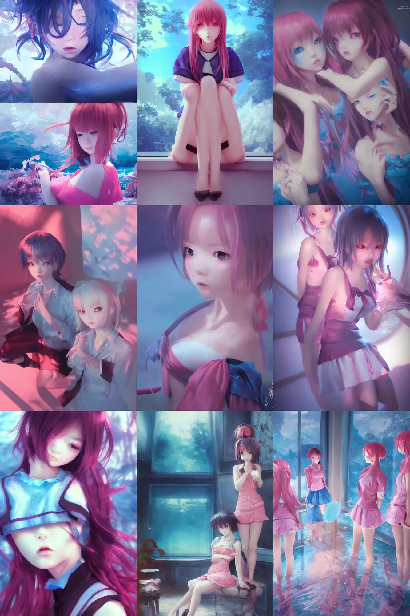 Prompt: 3d dark infrared octane render concept art by D. Jun, by Mo Xiang Tong Xiu, by Igarashi Daisuke, beauty portrait anime schoolgirls under dark pink and blue water. cute face. complex windows room. dramatic light, trending on artstation.