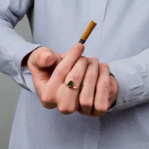 Image similar to normal male hand with five fingers ring and cigarette between middle and index fingers