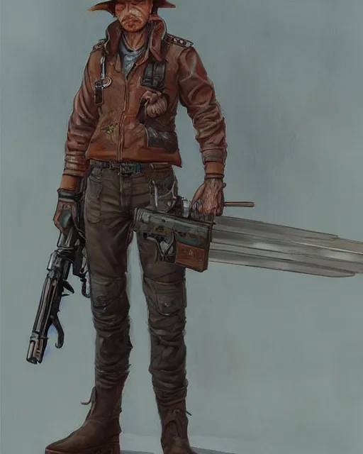 Image similar to a oil / watercolor painting full body character portrait of a turbine gunslinger in the style of moebius in the style of leonard boyarsky trending on artstation deviantart pinterest detailed realistic hd 8 k high resolution