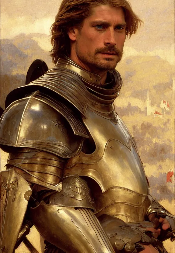 Image similar to attractive handsome fully clothed jaime lannister confesses his love for attractive fully armored lady knight brienne of tarth. highly detailed painting by gaston bussiere and j. c. leyendecker and william adolphe bouguereau, musee d'orsay 8 k