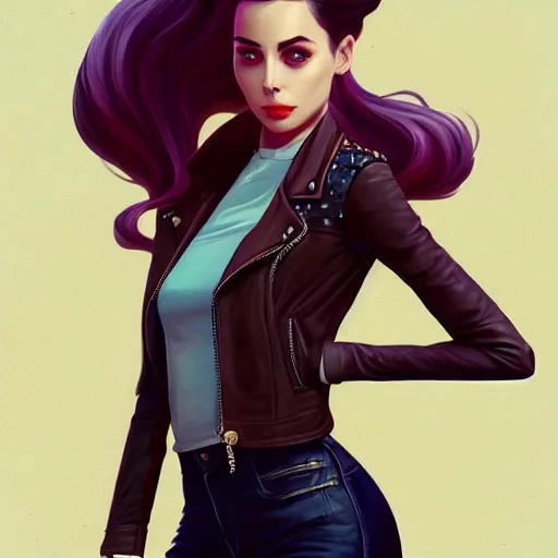 Image similar to a portrait of a beautiful willa holland pompadour long hair leather jacket, art by lois van baarle and loish and ross tran and rossdraws and sam yang and samdoesarts and artgerm, digital art, highly detailed, intricate, sharp focus, trending on artstation hq, deviantart, unreal engine 5, 4 k uhd image