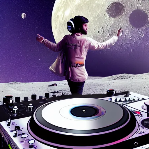 Image similar to a realistic matte painting of a dj with turntable play music on the moon, detailed, 8 k,