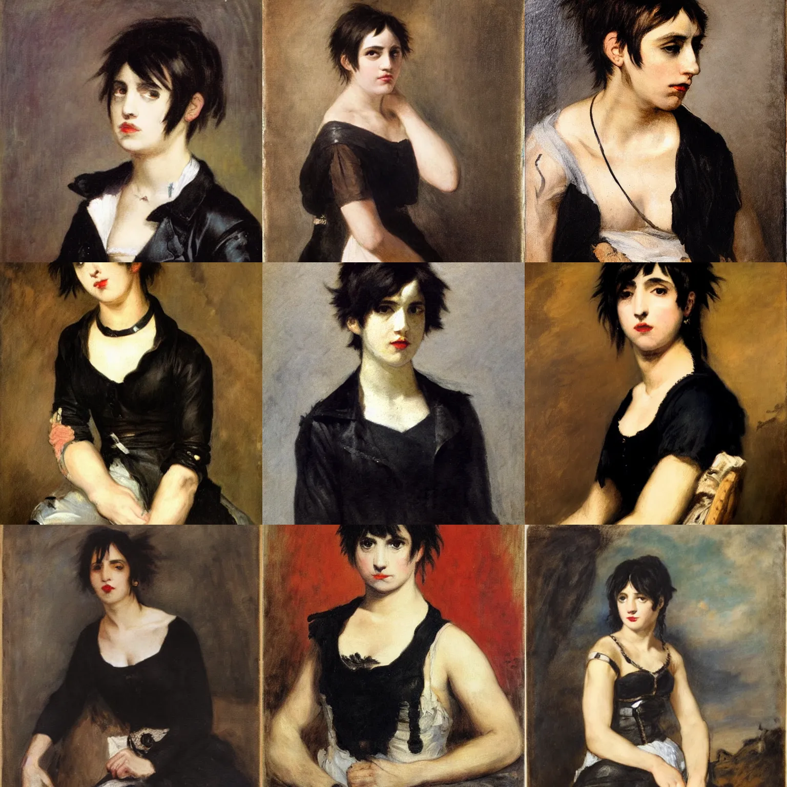 Prompt: an emo by eugene delacroix. her hair is dark brown and cut into a short, messy pixie cut. she has large entirely - black eyes. she is wearing a black tank top, a black leather jacket, a black knee - length skirt, a black choker, and black leather boots.