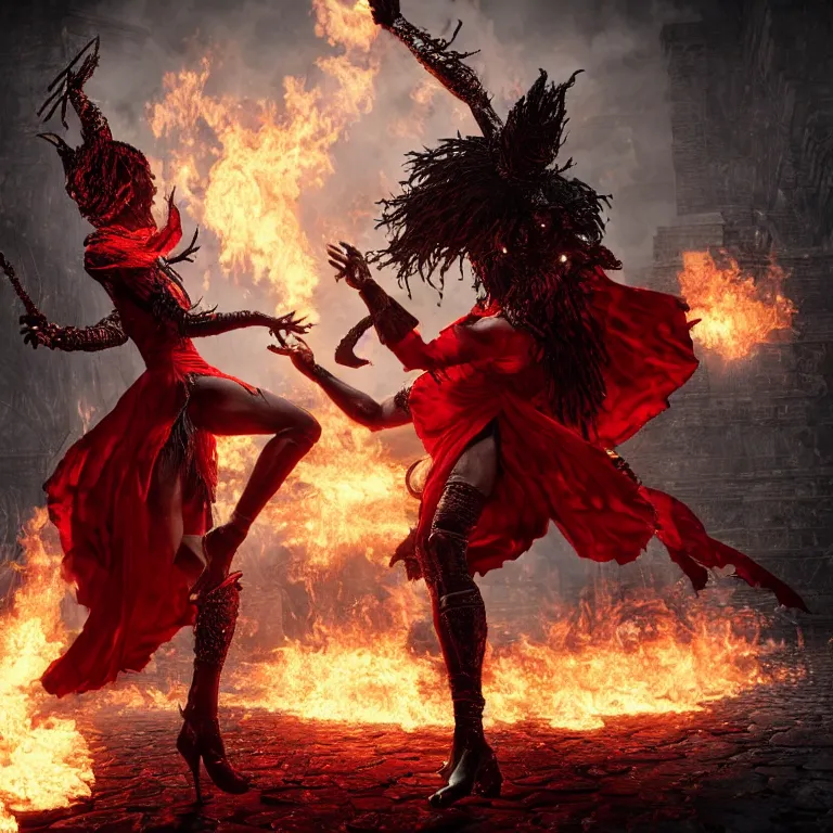 Image similar to black man and a female devil in red dress are dancing together in fire, Dark Souls 3 themed, in style of Ruan Jia, insanely detailed and intricate, golden ratio, elegant, ornate, luxury, elite, matte painting, cinematic, cgsociety, James jean, Brian froud, ross tran, Laputa