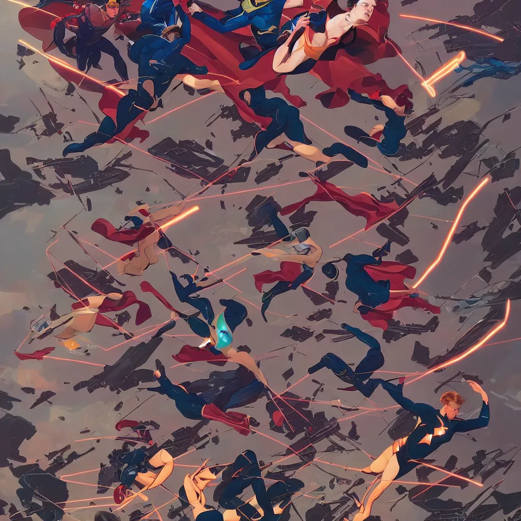 Image similar to Joshua Middleton comic art, superheroes flying in the sky fighting, shooting neon lasers at each other from their hands, 8K, hyper detailed, full body heroes, city landscape urban background, damage and destruction