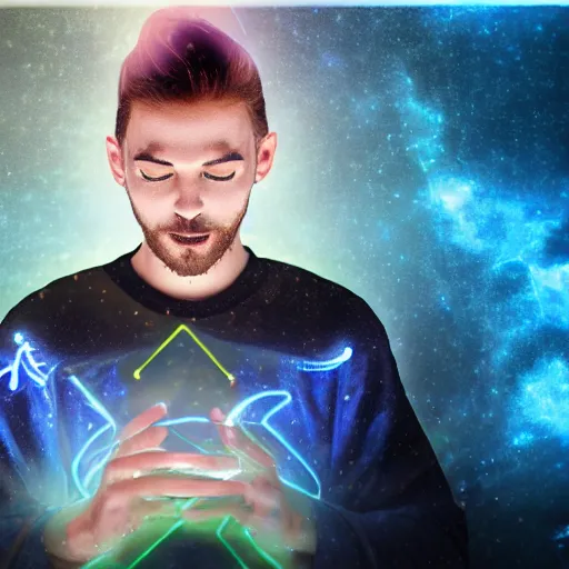 Image similar to a male wizard, glowing, frontal view, cool looking, photoshop