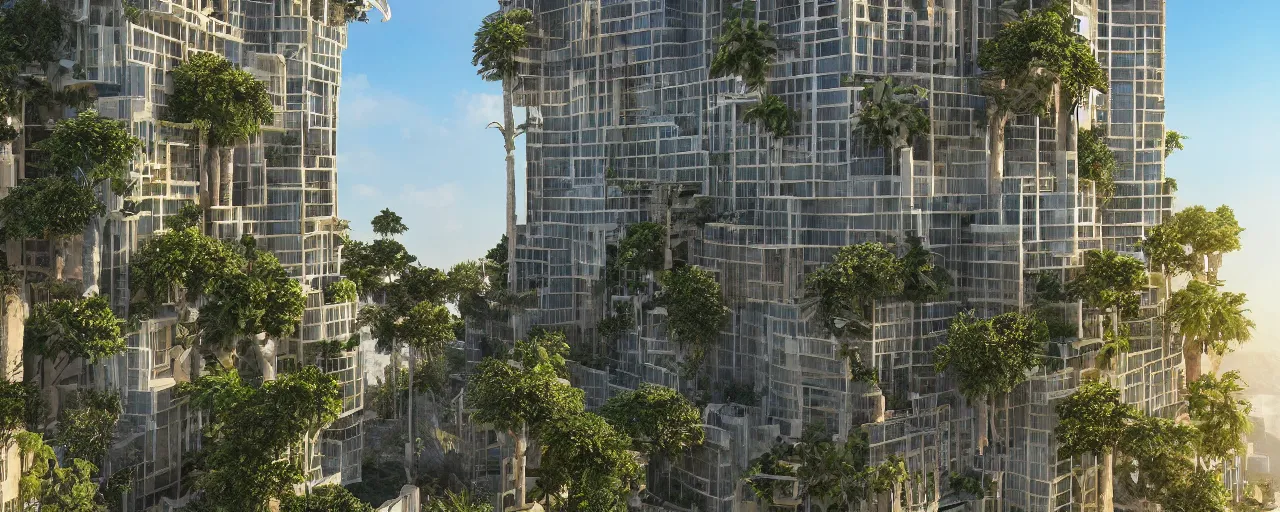 Prompt: contemporary golden babylon tower, sacred ancient architecture, hanging gardens, cascading highrise, arid mountains with lush palm forest, sunlight, post - production, octane, cgi, sfx