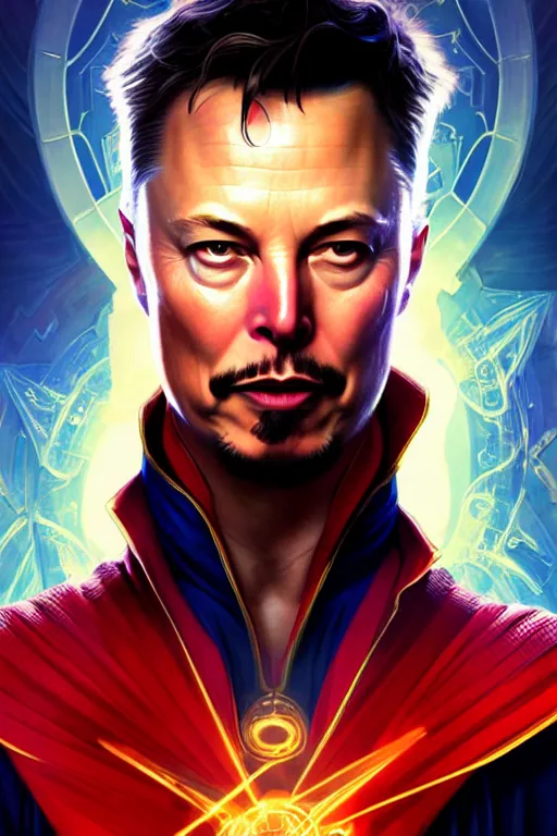 Image similar to elon musk as dr strange, realistic portrait, symmetrical, highly detailed, digital painting, artstation, concept art, smooth, sharp focus, illustration, cinematic lighting, art by artgerm and greg rutkowski and alphonse mucha