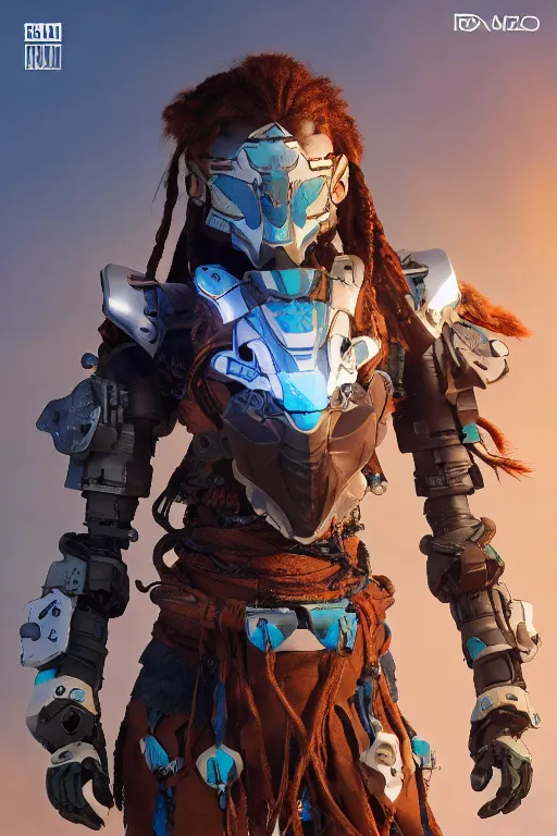 Image similar to combination suit armor aloy horizon forbidden west horizon zero dawn robot ninja mask helmet backpack tribal, aesthetic octane render, 8 k hd resolution, by ilya kuvshinov and cushart krentz and gilleard james radiating a glowing aura cgi rtx 2 0 2 2