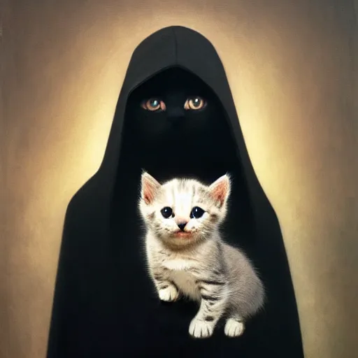 Image similar to a portrait of a kitten wearing a black hood, cloak covering face, anatomically correct, beautiful perfect face, enigmatic, oil painting, matte, black background, Volumetric dynamic lighting, Highly Detailed, Cinematic Lighting, Unreal Engine, 8k, HD, by Beksinski