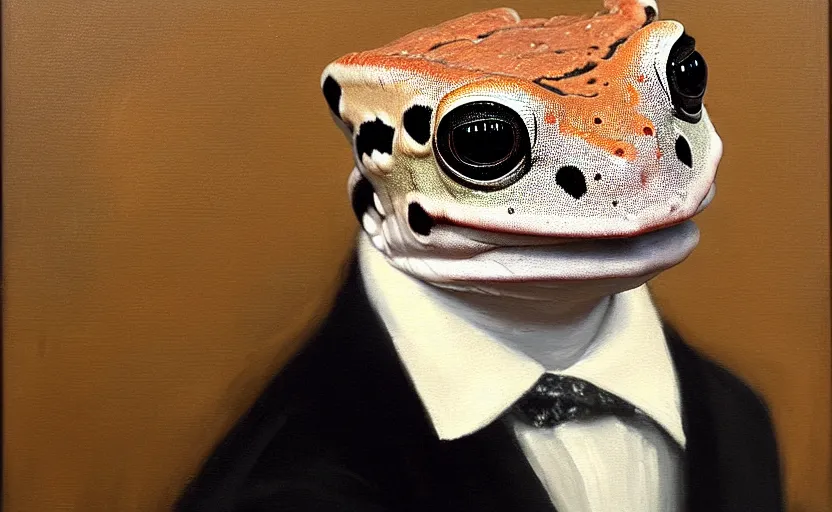 Prompt: a head - and - shoulders portrait of an amazon milk frog looking off camera wearing a black suit jacket, tan vest, and white ascot, an american romanticism painting, a portrait painting, cgsociety, soft focus, oil on canvas