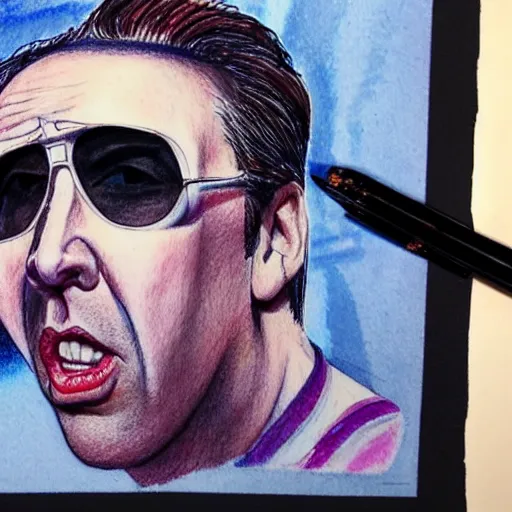 Image similar to Nicholas Cage in Fear and Loathing in Las Vegas, detailed ballpoint drawing with water color background
