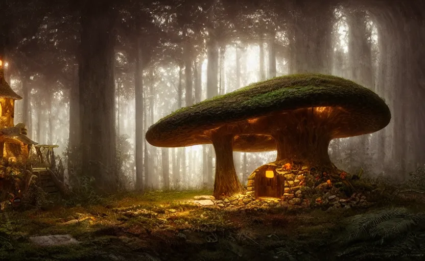 Prompt: A mushroom house in a mushroom, warm light coming from the windows, in a dark forest, macro, cool tones, underexposed, overecast, mysterious matte painting by greg rutkowski and marc simonetti and Ivan Shishkin, 4k