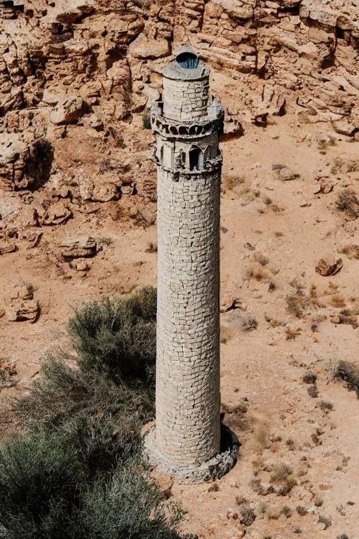 Prompt: an old roman lighthouse in the middle of the desert sitting on a rock