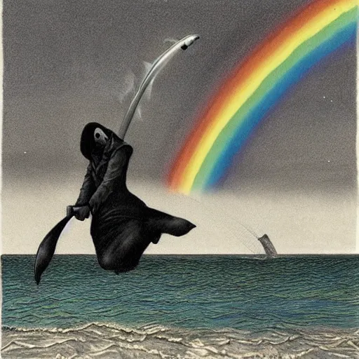 Image similar to the grim reaper on the back of a dolphin that is jumping over a rainbow, by santiago caruso,