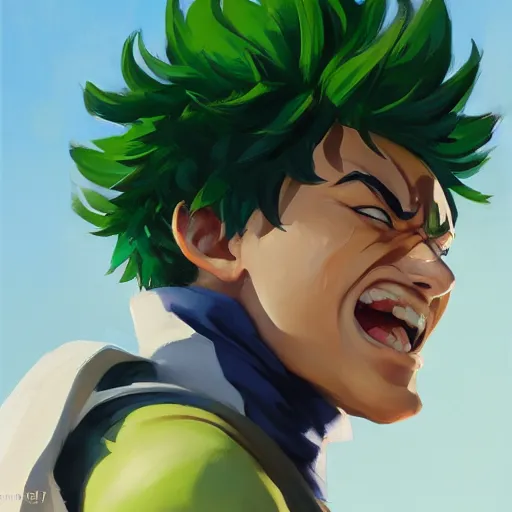 Image similar to greg manchess portrait painting of izuku midoriya as overwatch character, medium shot, asymmetrical, profile picture, organic painting, sunny day, matte painting, bold shapes, hard edges, street art, trending on artstation, by huang guangjian and gil elvgren and sachin teng