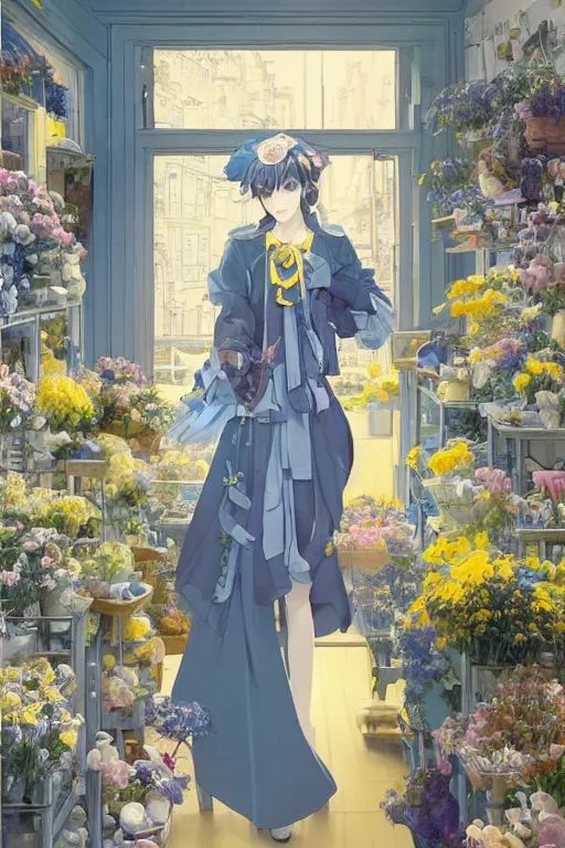 Prompt: a girl working in a flower shop in the afternoon, it is raining outside the window,blue and grey theme,JK uniform ,blue theme with eye-catching yellow accents ,S line, by krenz cushart and mucha and range murata and greg rutkowski