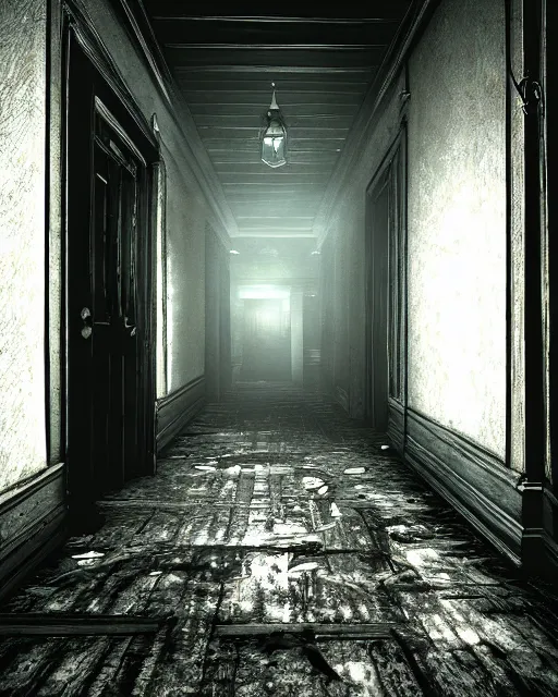 Image similar to Resident Evil 7, American gothic interior, wooden floor, atmospheric, nighttime scene, photorealistic narrow hallway with broken windows, horror