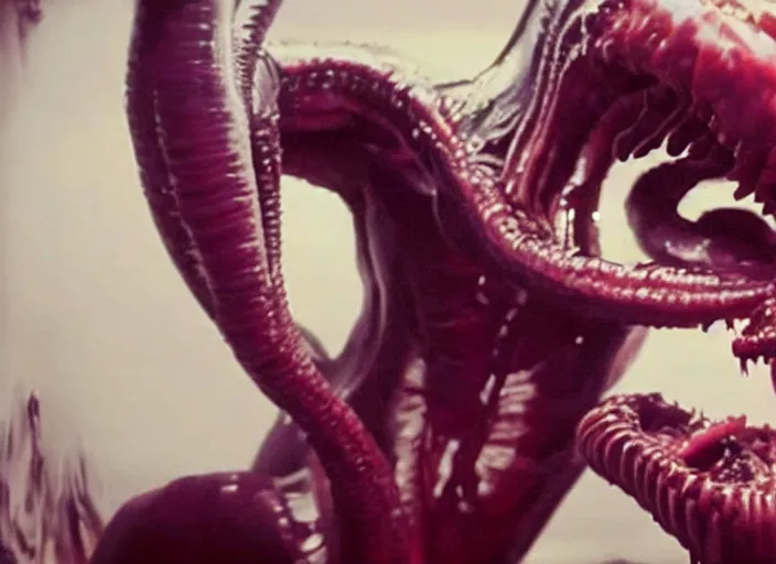 Image similar to film still of kim kardashian being ingested by an xenomorph, alien goo, transparent goo, transparent liquid, saliva, 8 k