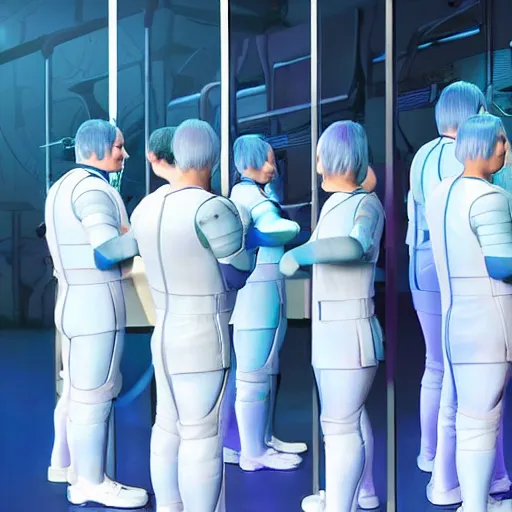 Prompt: troop jack black clones with white bob hairdos, tight light blue and lavender neopren suits, futuristic cloning facility, sci - fi, highly detailed, cinematic