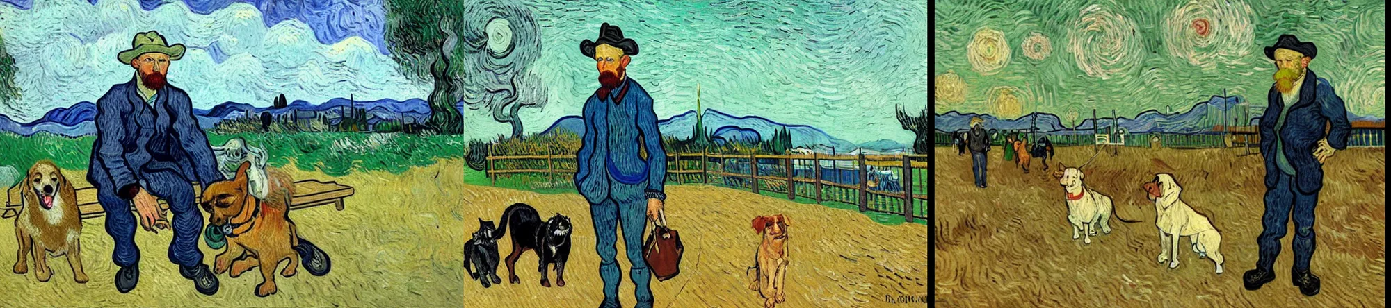 Prompt: hipster vincent van gogh at the dog park, hanging out with his dog, oil painting by vincent van gogh