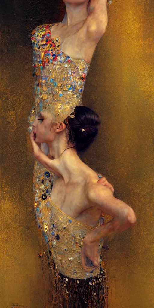 Image similar to an intricate portrait painting of an artistic pose young beautiful ballerina, klimt golden motives and textures, hyper - detailed, octane render, vivid colors, artstation, by jeremy mann, by gustav klimt