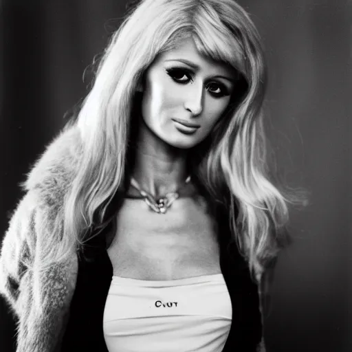 Image similar to photo of Paris Hilton by Diane Arbus, black and white, high contrast, Rolleiflex, 55mm f/4 lens