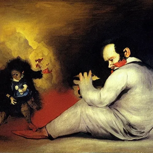 Prompt: the nostalgia critic devouring his son, painting by francisco goya