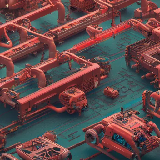 Image similar to factorio production line, intricate artwork by tooth wu and wlop and beeple. octane render, trending on artstation, greg rutkowski very coherent symmetrical artwork. cinematic, hyper realism, high detail, octane render, 8 k, red and black tones