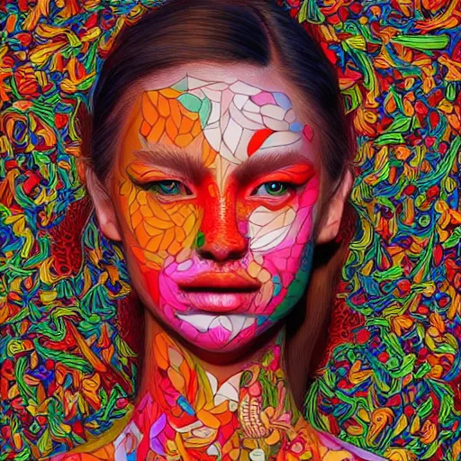 Image similar to the portrait of a beautiful young woman partially made up of peppers of all colors, an ultrafine detailed illustration by james jean, intricate linework, bright colors, final fantasy, behance contest winner, vanitas, angular, altermodern, unreal engine 5 highly rendered, global illumination, radiant light, detailed and intricate environment