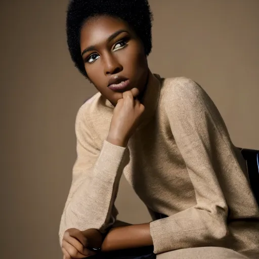 Prompt: close up of face of black fashion model, sitting on chair, beige colors, official jil sander editorial, highly detailed