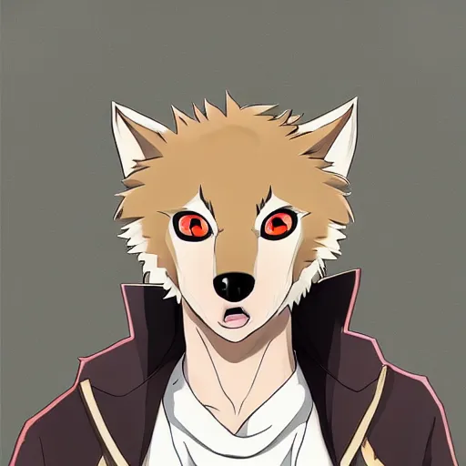 Image similar to key anime visual portrait of an anthropomorphic anthro wolf fursona, in a jacket, with handsome eyes, official modern anime art