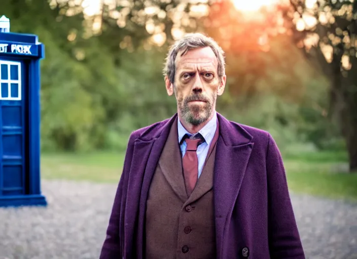 Image similar to dslr photo portrait still of hugh laurie as doctor who in front of the tardis at sunset, 8 k, 8 5 mm f 1. 4