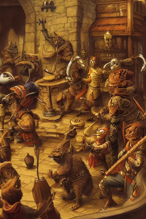 Image similar to dungeon and dragon illustration of a tabaxi playing a lute in a crowded tavern