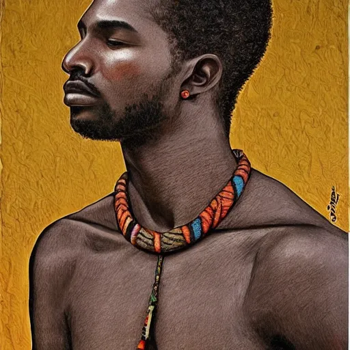 Image similar to contemplative black man with twists, beautiful, intricate details, east african, art by jose miguel