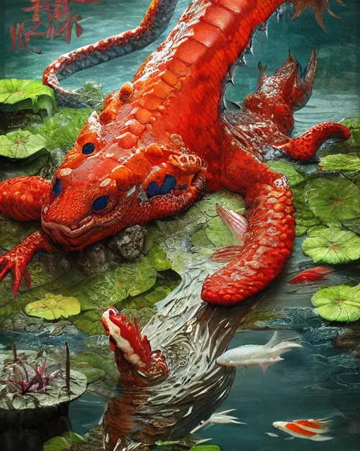 Image similar to game character beautiful giant kaiju sized pond dragon half fish half salamander, wet amphibious skin, red salamander, axolotl creature, koi pond, korean village by Ruan Jia and Gil Elvgren, fullbody