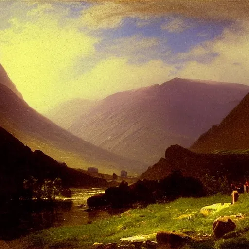 Prompt: painting of the mountains of mourne in ireland by albert bierstadt